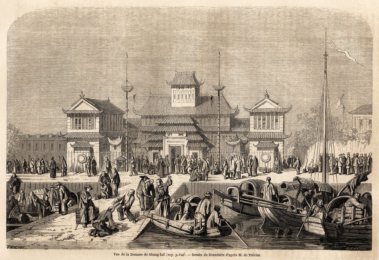 O Edifício da Alfândega de Xangai, desenho de Grandsire, para ilustrar a viagem à China e ao Japão, em 1857-1858, do Marquês de Moges. Gravura em "Le tour du monde, nouveau journal des voyages" Paris de Pierre Eugene Grandsire