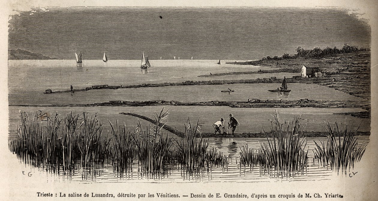 A salina da Lusandra, nos arredores de Trieste, destruída pelos venezianos que a viam como uma rivalidade perigosa ao monopólio que exerciam no Adriático, gravada por E. Grandsire ilustrando a viagem à Ístria e Dalmácia em 1874 por Charles Yria de Pierre Eugene Grandsire