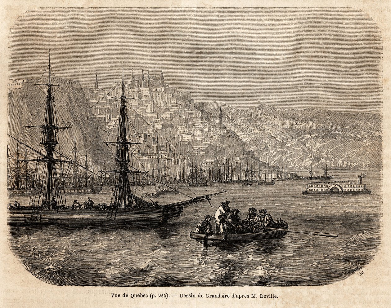 Vista do Quebec, desenho de Grandsire, para ilustrar as viagens à América do Norte em 1854-1855, de L. Deville. Gravura em "Le tour du monde", 1861. A coleção de Selva. de Pierre Eugene Grandsire