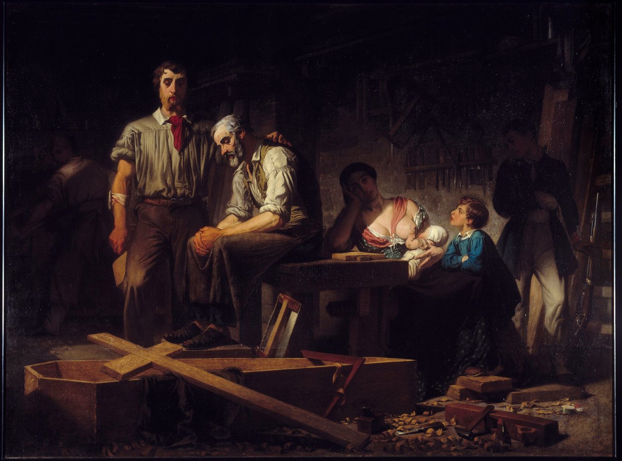 Revolução de 1848: "Primeiro trabalho após a insurreição em Fevereiro de 1848" Tristeza das famílias das vítimas que morreram nos dias de Fevereiro de 1848. Pintura de Pierre Eugene Lacoste (1818-1908) 1850 Sol. 2,7x3,66 m Marselha, Musee des Beaux Arts. de Pierre Eugène Lacoste