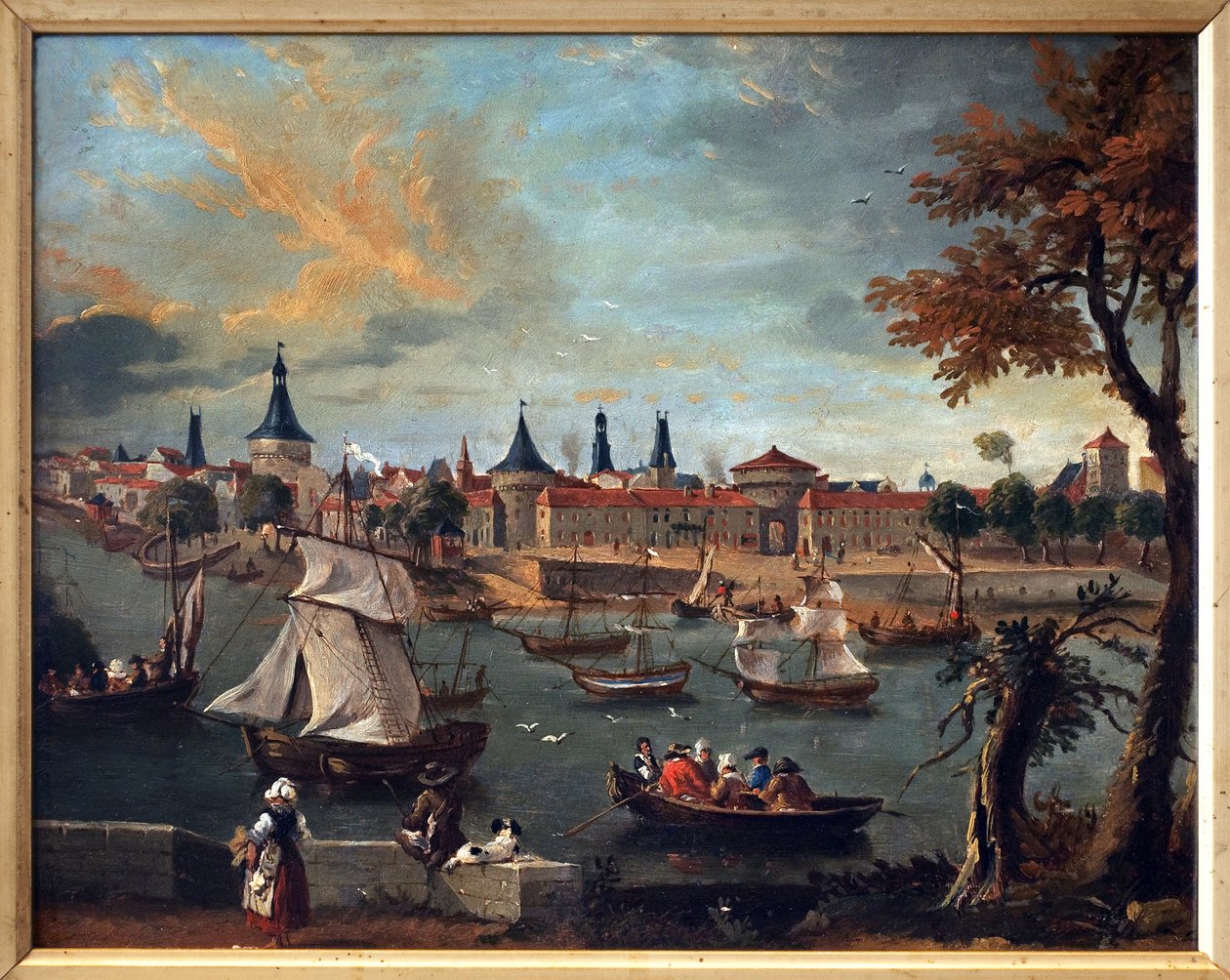 O porto de Libourne, no século XVIII. Obra de Pierre Fournier (1740-1793), óleo sobre papel maroufle sobre cartão de Pierre Fournier