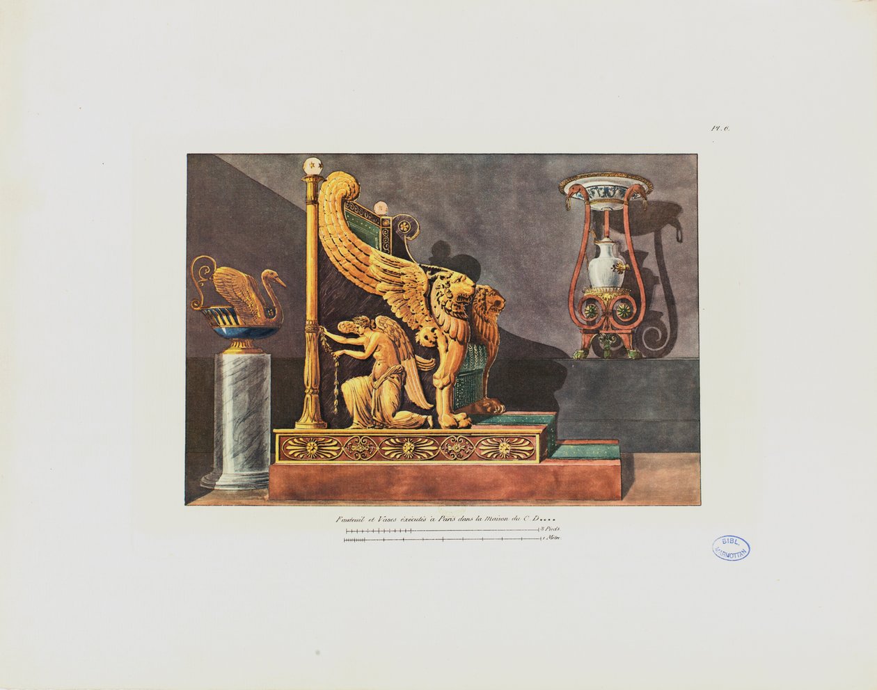 Poltrona e vaso na casa de CD, de &39;Coleção de decorações de interiores, incluindo tudo o que se refere ao mobiliário&39;, publicado Paris, 1801 de Pierre Francois Leonard Fontaine
