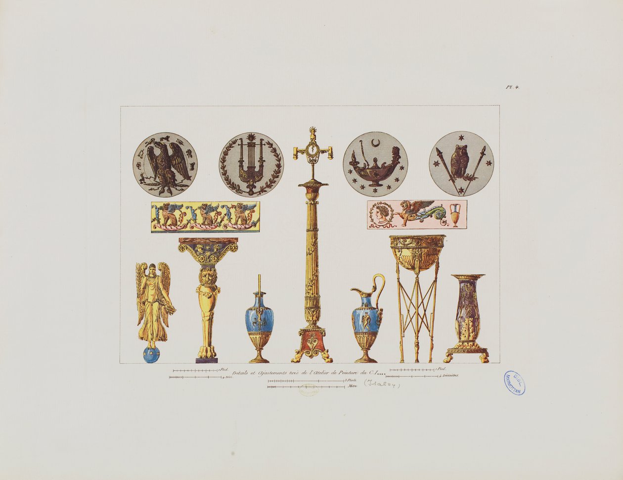 Detalhes e ornamentos do estúdio do pintor CI Isabey, de &39;Coleção de decorações de interiores, incluindo tudo relacionado a móveis&39;, publicado Paris, 1801 de Pierre Francois Leonard Fontaine