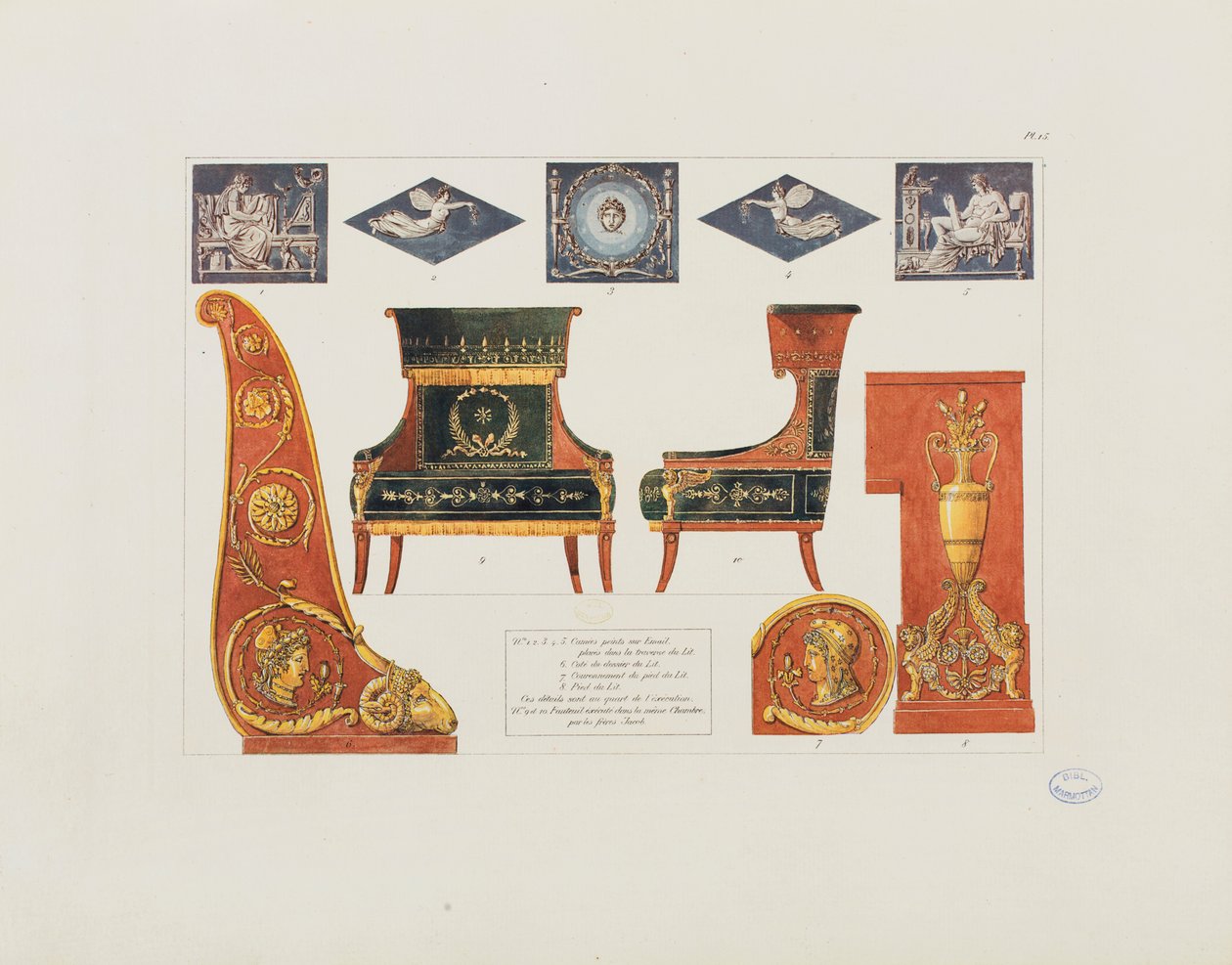 Detalhes de um quarto em Paris, de "Coleção de decorações de interiores, incluindo tudo o que diz respeito ao mobiliário", publicado Paris, 1801 de Pierre Francois Leonard Fontaine