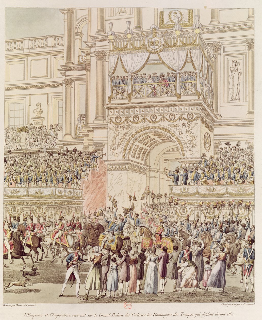 O Imperador e a Imperatriz Recebendo a Homenagem das Tropas Francesas da Varanda das Tulherias na Ocasião de seu Casamento, gravada por Charles Pierre Joseph Normand (1765-1840) (cor de Pierre Francois Leonard Fontaine
