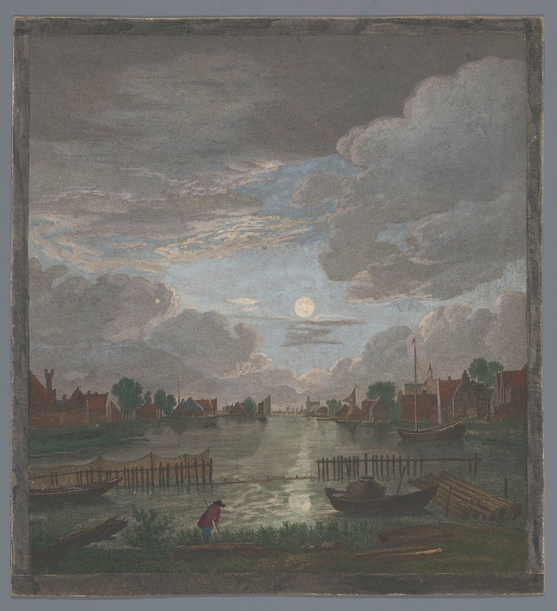 Vista de um canal perto da cidade de Haarlem ao luar Vûe du canal proche de Haerlem (título no objeto) de Pierre François Basan