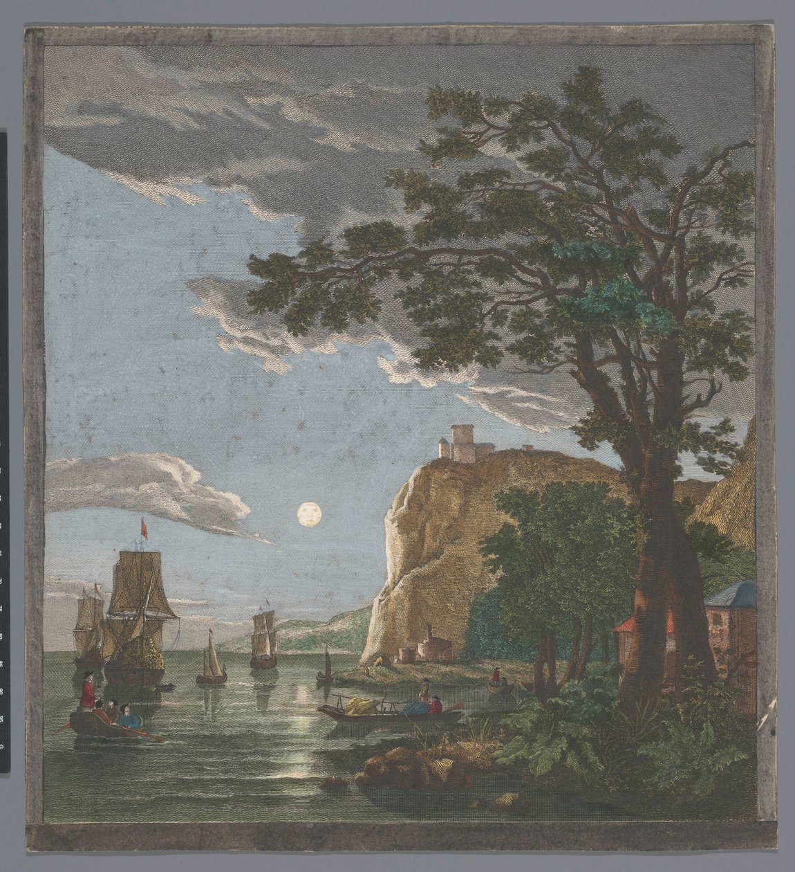 Vista de uma costa com navios e barcos na água ao luar
La pleine lune (título sobre o objecto) de Pierre François Basan