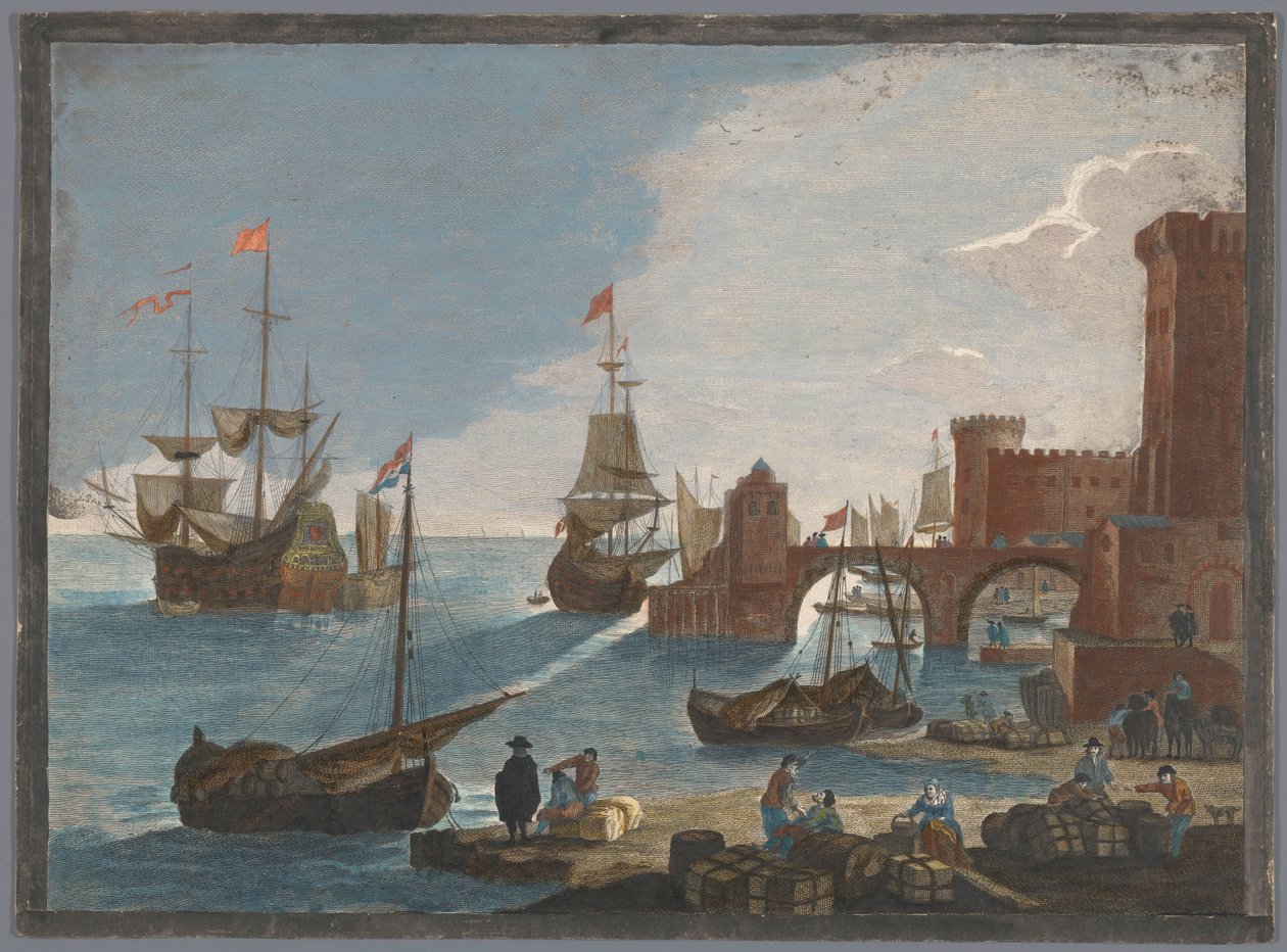 Vista de um porto marítimo com navios e barcos na água
11e. Vüe maritime (título sobre o objecto) de Pierre François Basan