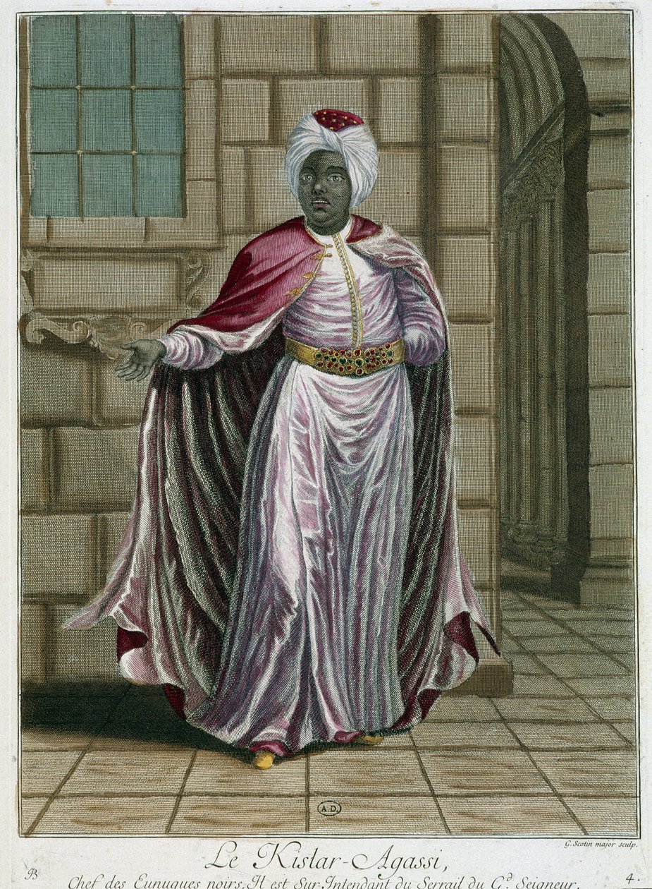 Retrato dos Kistar-Agassi (chefe dos eunucos) - em" Colecção de 100 gravuras representando diferentes nações do Levante em 1707 e 1708" por ordem de M. de Frriol, embaixador do rei no Porto e actualizado em 1712-13 pelos cuidados de M. Le H de Pierre François Basan