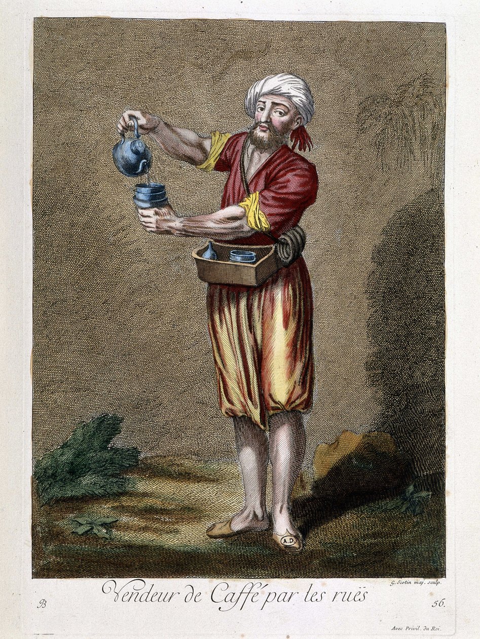 Vendedor de café pelas ruas, "Coleção de 100 gravuras representando diferentes nações do Levante em 1707 e 1708" por ordem de M. de Frriol, embaixador do rei no Porte e atualizado em 1712-13 pelos cuidados de M. Le Hay, gravador Basan, Par de Pierre François Basan