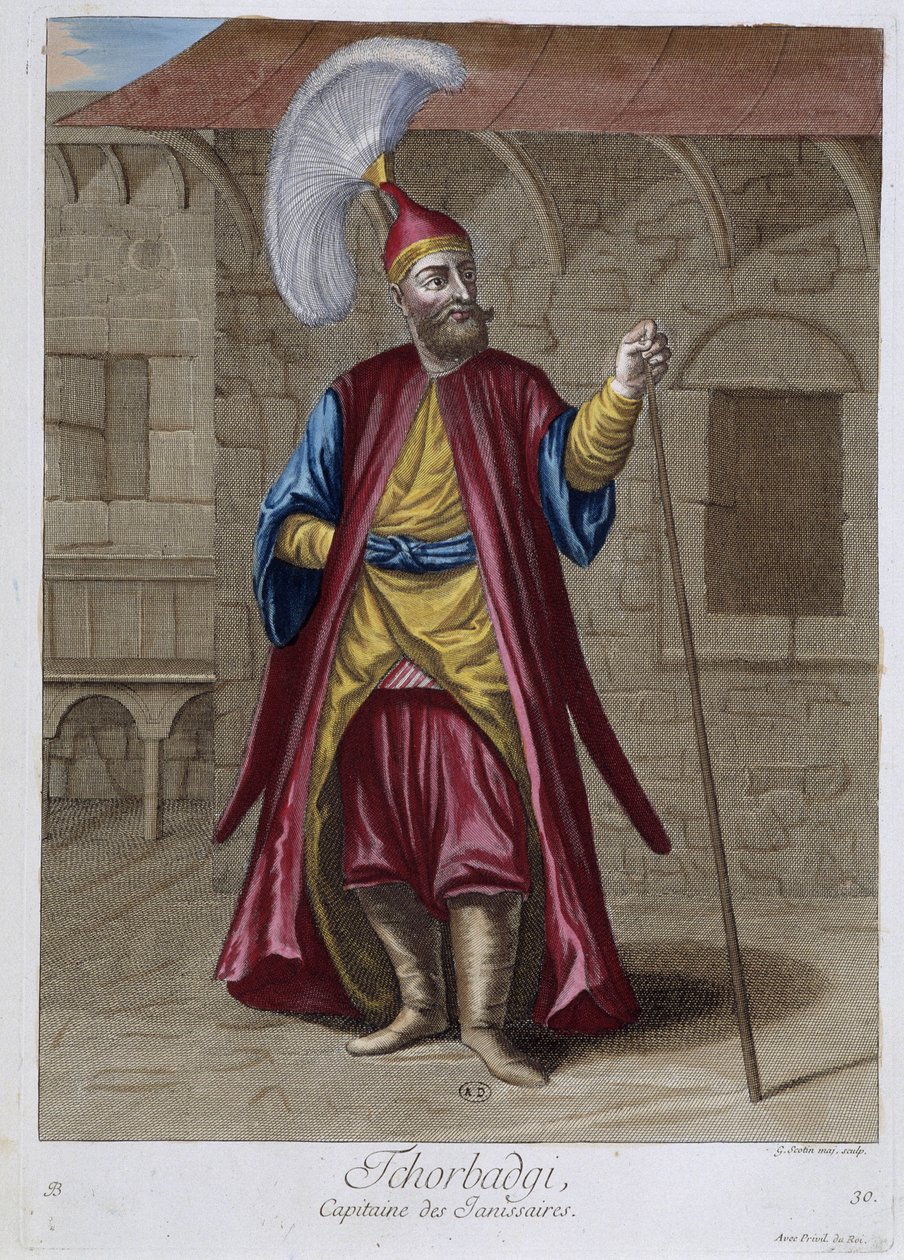 Tchorbadgi, capitão dos Janissários, "Coleção de 100 gravuras representando diferentes nações do Levante em 1707 e 1708" pelas ordens de M. de Frriol, embaixador do rei no Porte e atualizado em 1712-13 pelos cuidados de M. Le Hay, Basan en de Pierre François Basan