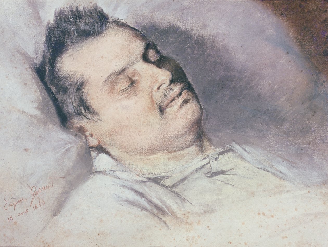 Honoré de Balzac (1799-1850) em seu leito de morte, 15 de agosto de 1850 (pastel e giz sobre papel) de Pierre François Eugène Giraud