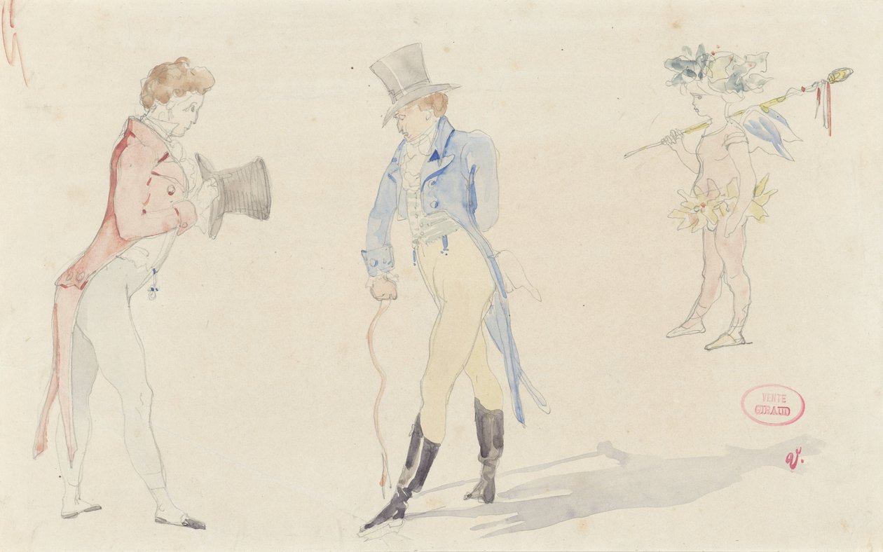 Folha de esboço leve mostrando dois dançarinos de encontro e um amour de ballet de Pierre François Eugène Giraud
