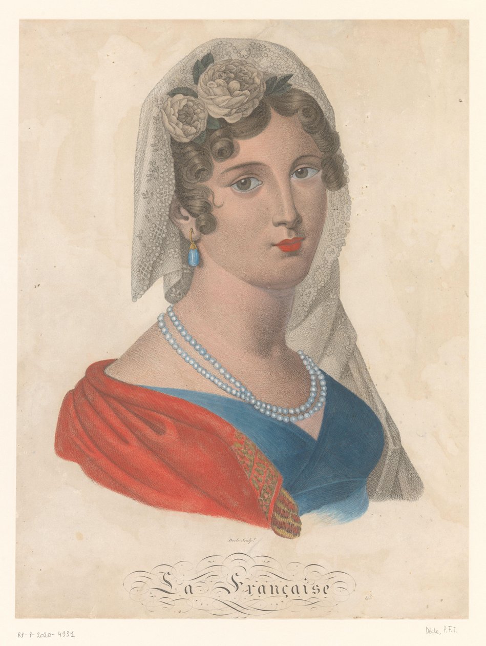 Mulher francesa com brinco com gema azul, véu branco e rosas no cabelo La Française (título no objeto) de Pierre François Isidore Dècle