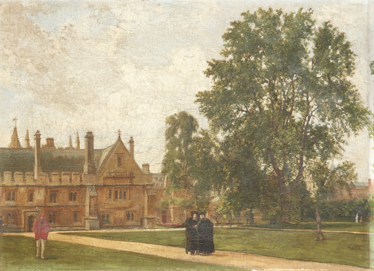 No Grounds of Magdalen College, com Retratos de Magdalen Fellows: o reverendo THT Hopkins, o reverendo HR Bramley, o reverendo J. Rigaud e o reverendo HF Garnsey, 1882 de Pierre François Joseph Tonneau