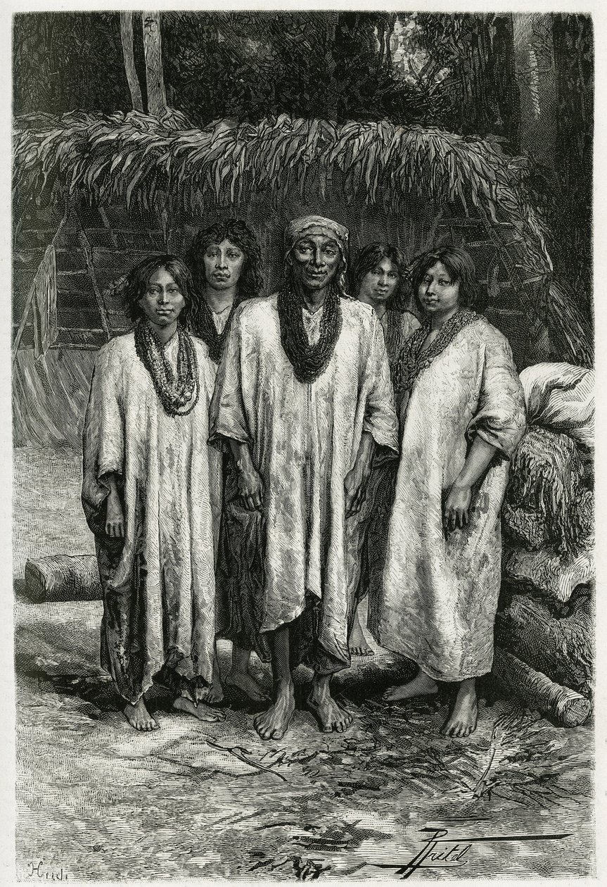 Os tipos Chefe Lacandon e Lacandon, maias que vivem nas selvas de Chiapas (México). Gravura de P. Fritel, para ilustrar a história "Viagem a Yucatan e à Terra de Lacandons", em 1882, de Desire Charnay (1828-1915) arqueólogo e fotógrafo de Pierre Fritel