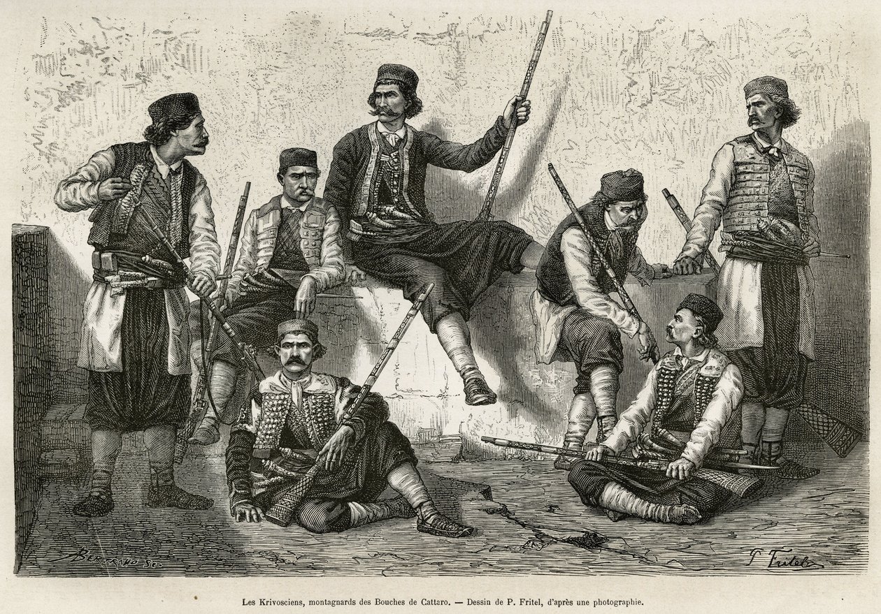 Os krivoscianos, montanhistas das Bouches de Cattaro (ou Kotor, baía na costa ocidental de Montenegro), armas para resistir à força de invasão das tropas austríacas. Gravura depois do desenho de P. Fritel, para ilustrar a viagem à Dalmácia, por C de Pierre Fritel