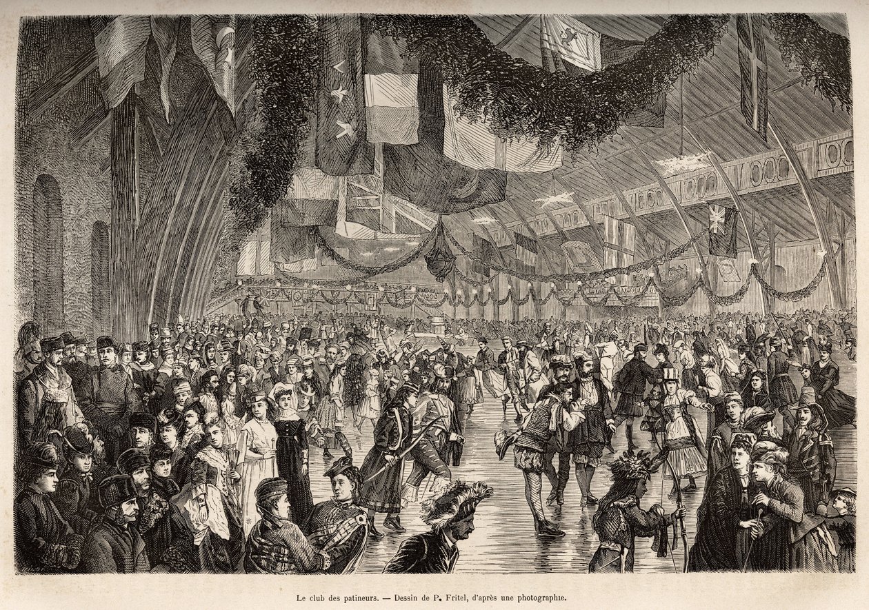 O clube de patinadores de Montreal, num encontro para uma noite de patinagem, gravado após um desenho de P. Fritel, ilustrando a excursão ao Canadá e a Riviere Rouge du nord, de H. De Lamotte, em 1873, publicado em "Le tour du monde" 1875, editado por Edo de Pierre Fritel