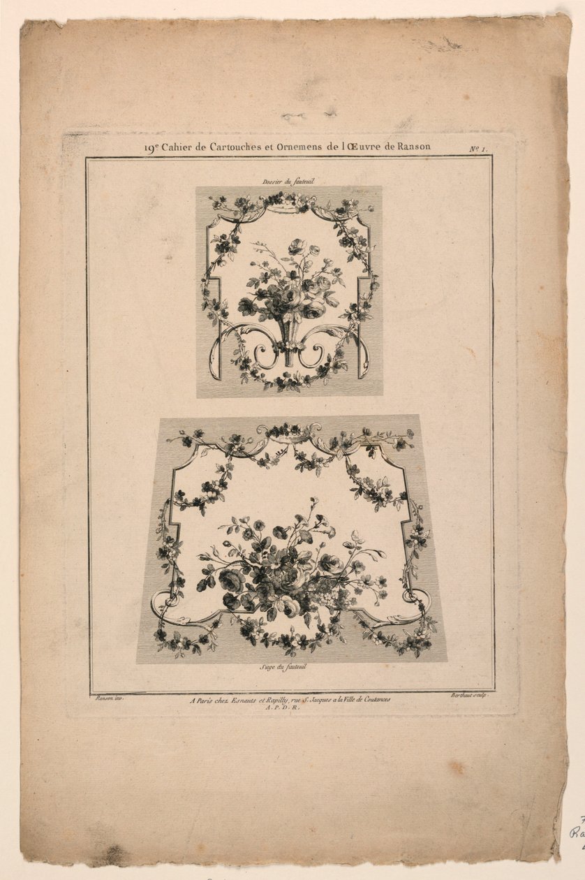 Desenhos para assentos de cadeira de tapeçaria, placa 1 de "Cahier de Cartouches et Ornemens de l