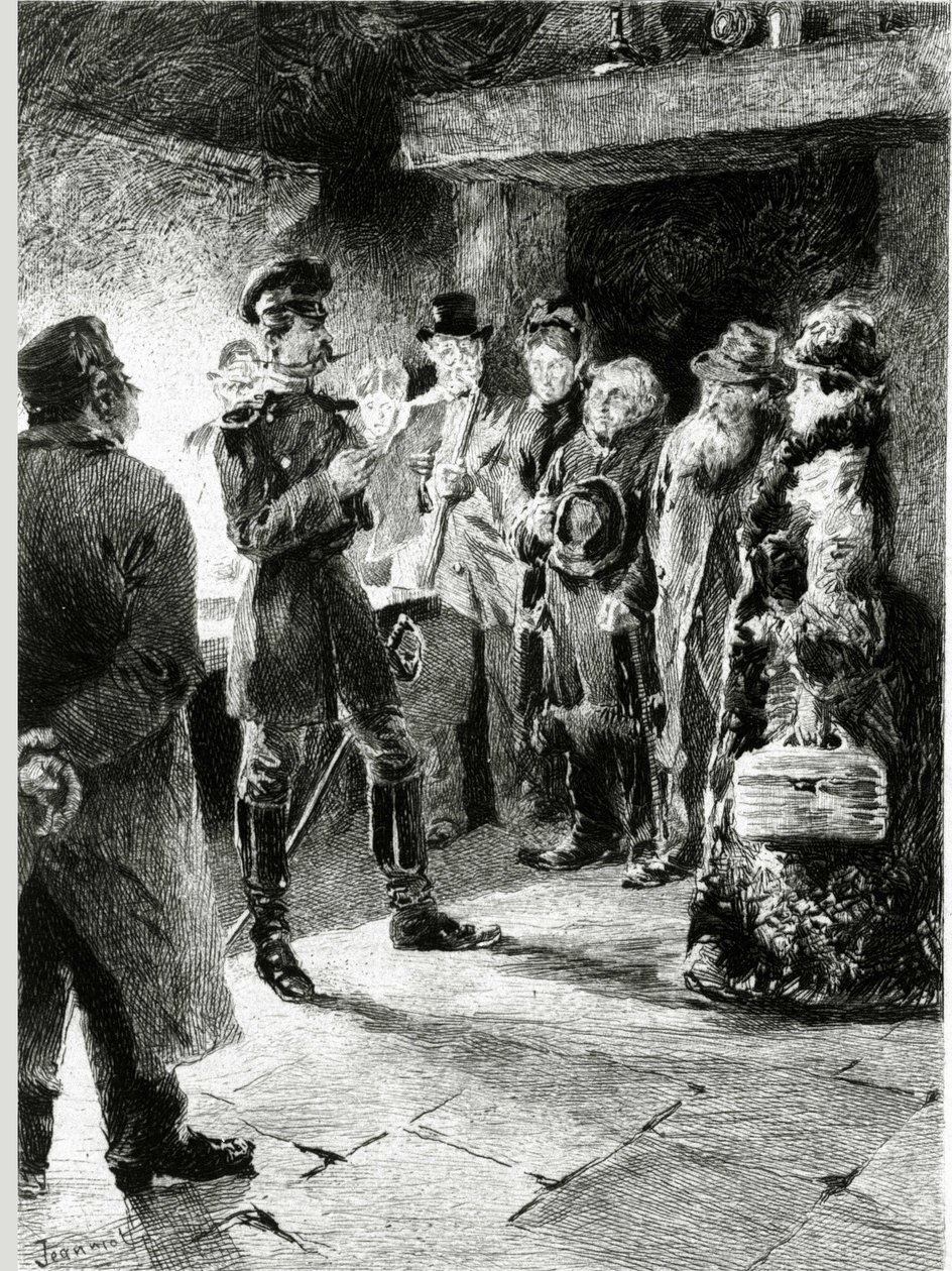 Um oficial alemão pede a Boulle de tallow em troca da liberdade de todos os passageiros que tenham sido presos na diligência. Em "Bola de Sebo" de Guy de Maupassant (1850-1893). Ilustração de P. G. Jeanniot (1848-1934). Publicado em Ollendorff i de Pierre Georges Jeanniot