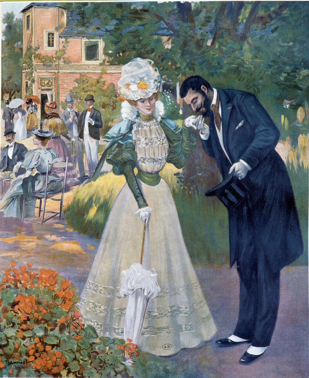 Belle epoque: "Hand sex": um homem a cumprimentar uma mulher numa recepção. Ilustração de Jeanniot para "Le Figaro illustrious" Início do século XX Paris, Artes Decorativas de Pierre Georges Jeanniot