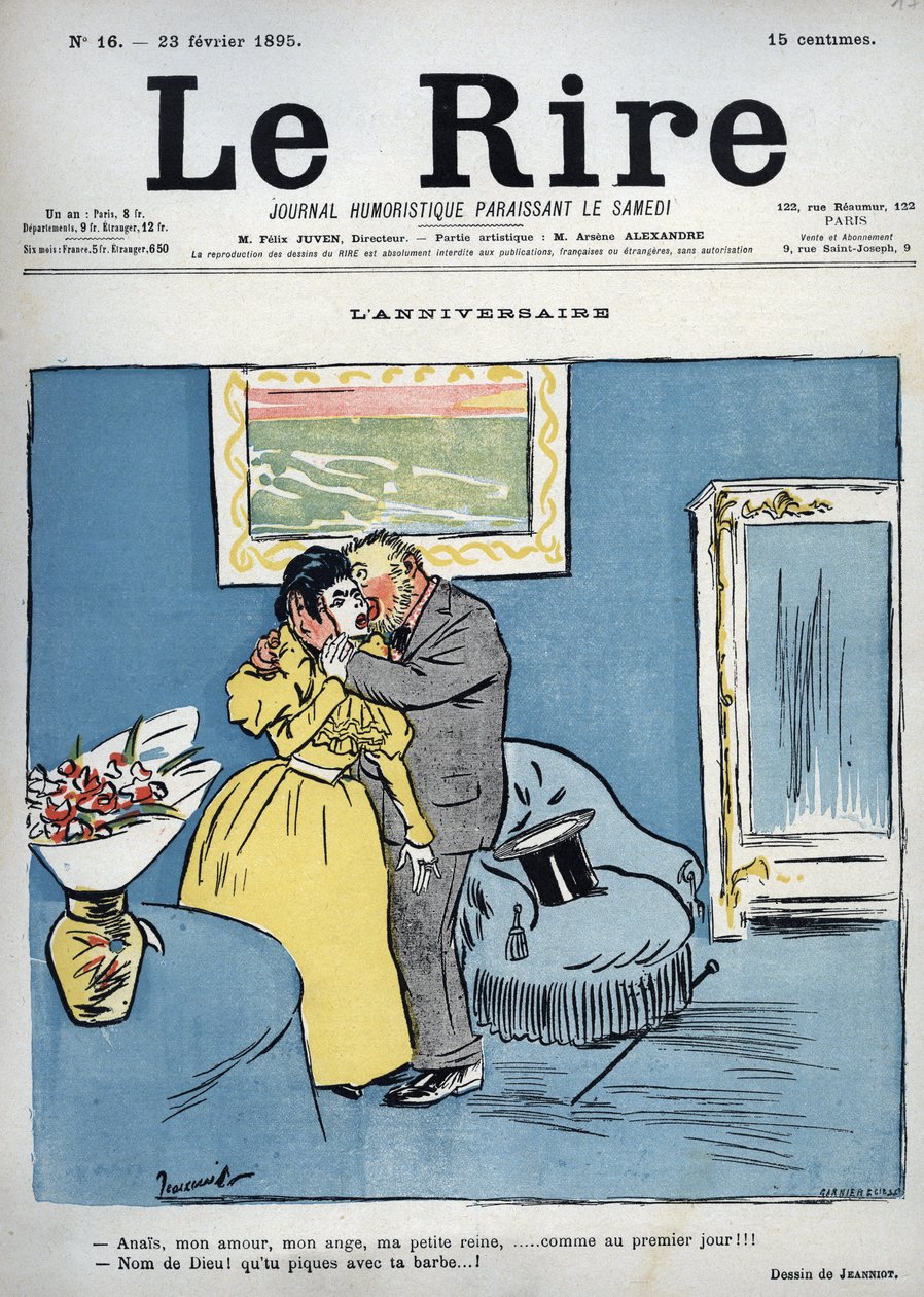 Aniversário - Anaïs, meu amor, meu anjo, minha pequena rainha, como no primeiro dia!!! - Jesus Cristo! Estás a apalpar com a barba! - desenho de Pierre Georges Jeanniot (1848-1934) para "Le Rire" de 23 de fevereiro de Pierre Georges Jeanniot