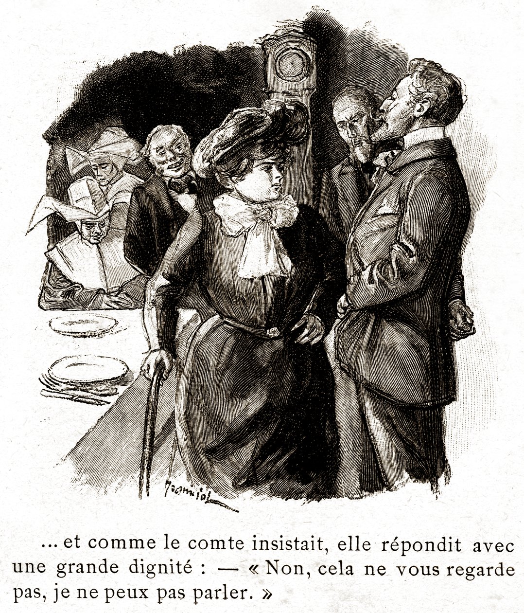 "Boule de Suif": Elisabeth Rousset recusa-se a responder ao conde, início do século XX (ilustração) de Pierre Georges Jeanniot