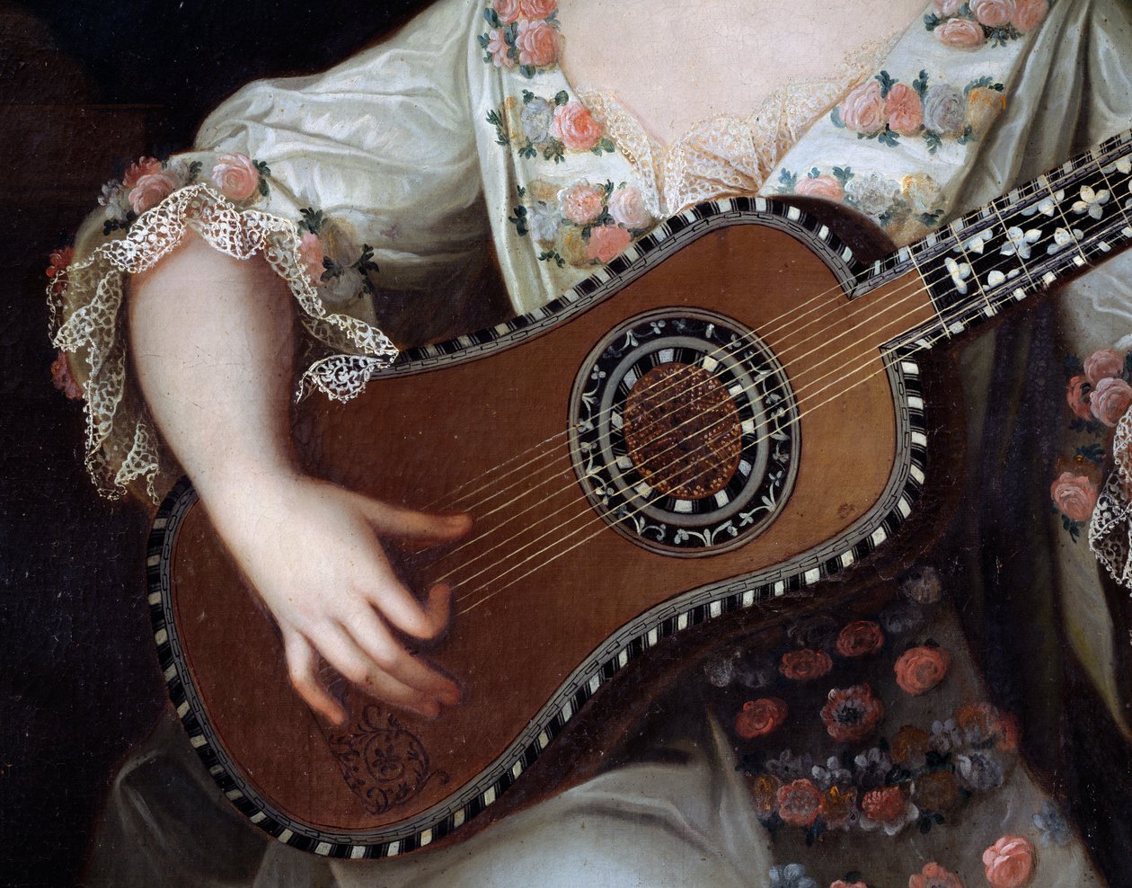 Guitarra, detalhe do retrato de Mademoiselle de Charolais (1695-1758), pintura de Pierre Gobert (1662-1744). França de Pierre Gobert