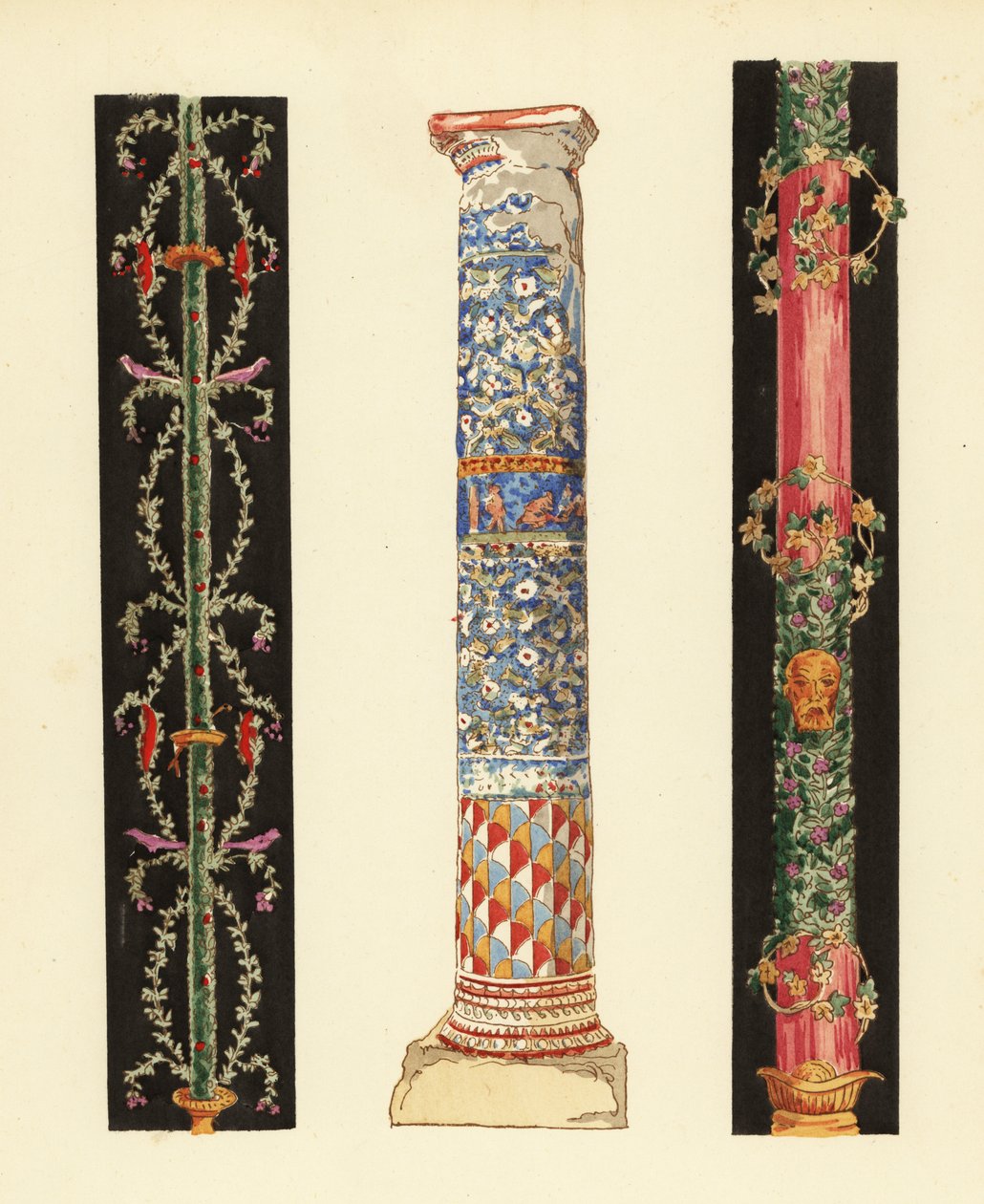 Velas decorativas no Quarto Estilo Pompeu (1,3) e coluna de mosaico de esmalte (2), Pompeia de Pierre Gusman