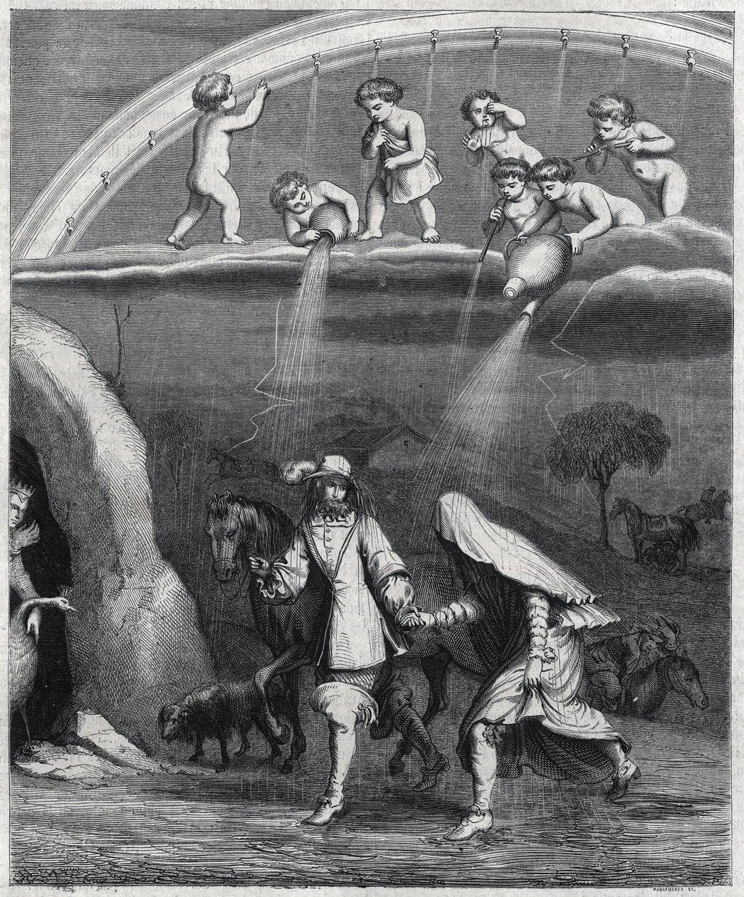 Enee e Didon surpreendidos com a chuva na floresta. Ilustração de "Virgil travesti" de Paul Scarron (1610-1660), uma paródia de "L