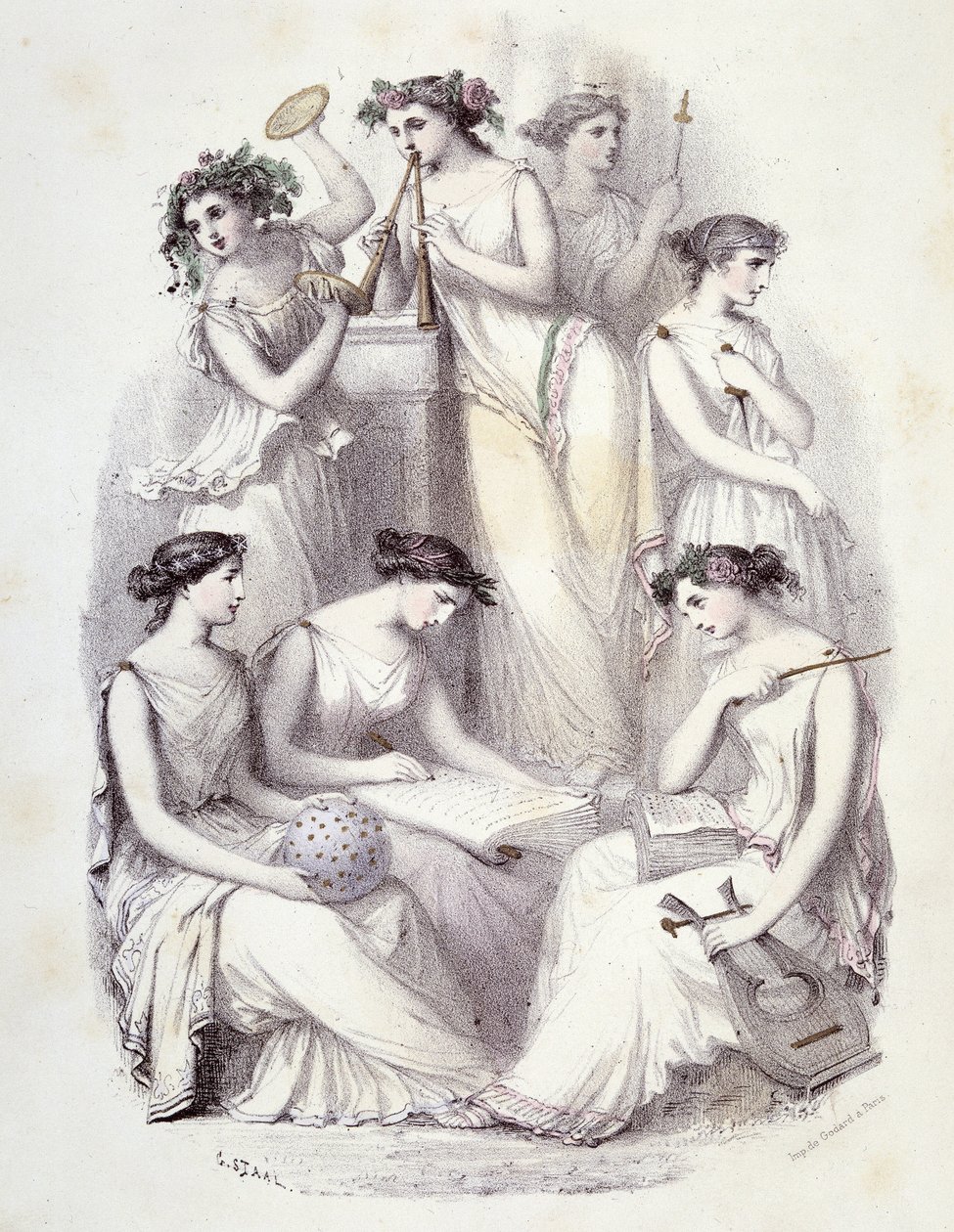 Génios do Olimpo - em "Les Femmes mythologiques", desenhos de G. Staal, de Mery e Cte Foelix, Ed. G. de Gouet de Pierre Gustave Eugene Staal