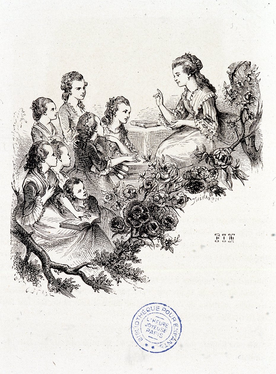 Jovem governanta a contar uma história a um grupo de crianças - em "Le magasin des enfants", de Mme. Leprince de Beaumont, doente. Staal, Garnier de Pierre Gustave Eugene Staal