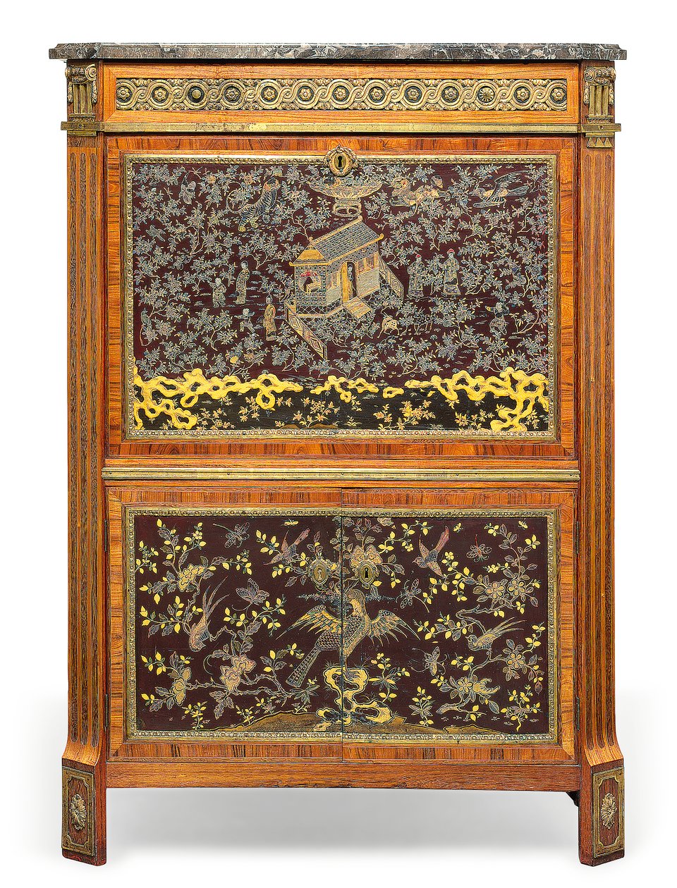 Secretaire a Abbatant de Luís XVI, final do século 18 (mármore, couro, pau-brasil montado em ormolu, madeira de tulipa, amaranto, laca chinesa incrustada de madrepérola e japonês) (ver também 3479849) de Pierre Harry Mewesen