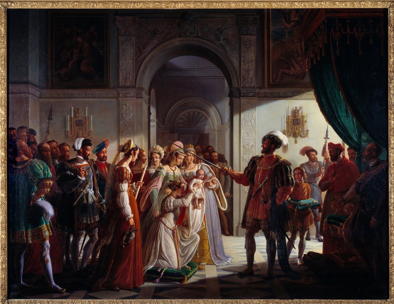 François I (1494-1547) cavaleiro armado seu neto François II (1544-1560). O jovem príncipe é acompanhado por seus pais Henrique II (1519-1559), e Catarina de Médici (Caterina de Médici) (1519-1589). Pintura de Pierre Henri Revoil (1776-1842) de Pierre Henri Revoil