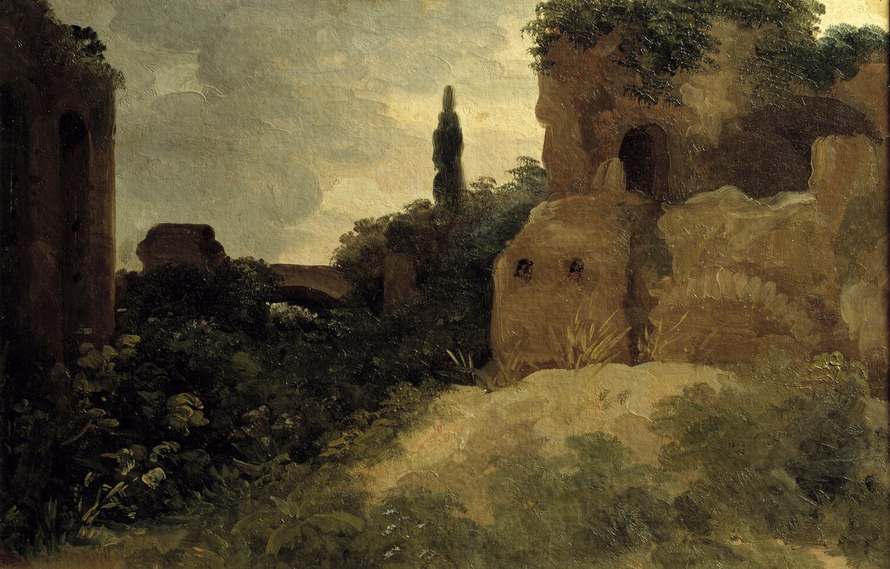 Na Villa Farnese, ruínas romanas Pintura por Pierre Valenciennes (1750-1819) Século XVIII Sol. 0,26x0,4 m de Pierre Henri de Valenciennes