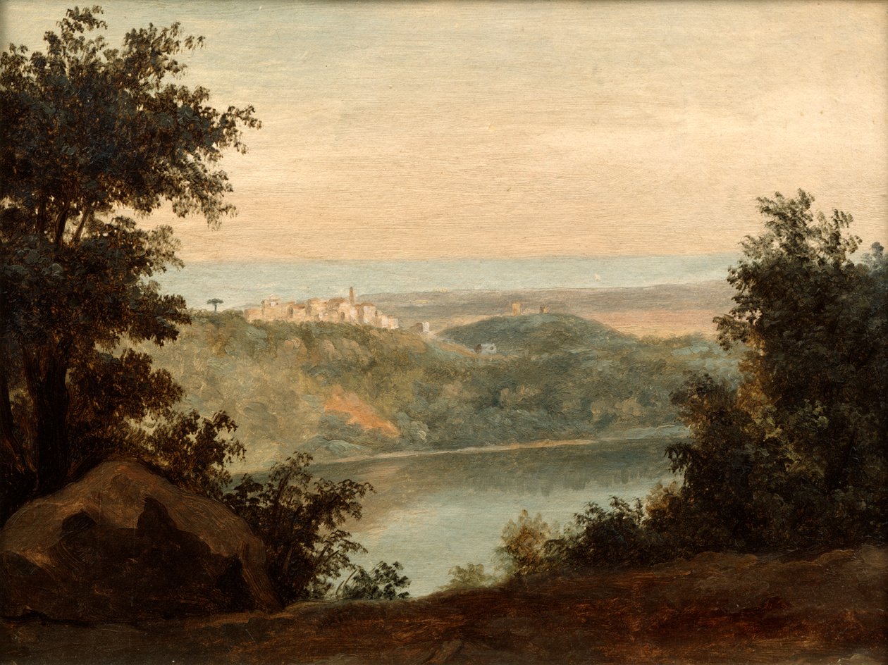 Lago Nemi, ao fundo, a cidade de Genzano, final do século XVIII de Pierre Henri de Valenciennes