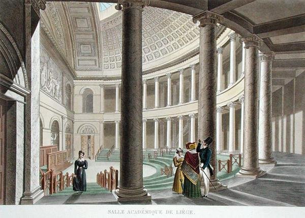Interior da Academia de Liège, de "Choix des Monuments, Edifices et Maisons les plus remarquables du Royaume des Pays-Bas" de Pierre Jacques Goetghebuer, gravado por J.N. Chevron, publicado em 1827 (aquatint) de Pierre Jacques (after) Goetghebuer