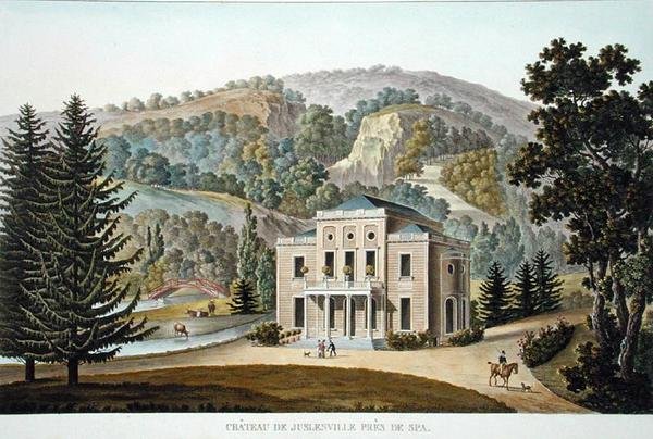 Chateau de Juslenville, perto de Spa, de "Choix des Monuments, Edifices et Maisons les plus remarquables du Royaume des Pays-Bas" de Pierre Jacques Goetghebuer, publicado em 1827 (aquatint) de Pierre Jacques Goetghebuer