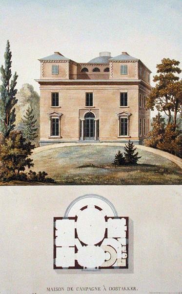 Country House at Oostakker, Bélgica, de "Choix des Monuments, Edifices et Maisons les plus remarquables du Royaume des Pays-Bas" de Pierre Jacques Goetghebuer, publicado em 1827 (aquatint) de Pierre Jacques Goetghebuer