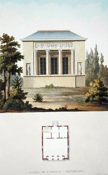 Country House at Wondelgem, de "Choix des Monuments, Edifices et Maisons les plus remarquables du Royaume des Pays-Bas" de Pierre Jacques Goetghebuer, publicado em 1827 (aquatint) de Pierre Jacques Goetghebuer