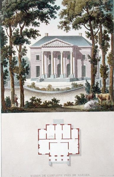 Country House perto de Haarlem, Holanda, de "Choix des Monuments, Edifices et Maisons les plus remarquables du Royaume des Pays-Bas" de Pierre Jacques Goetghebuer, publicado em 1827 (aquatint) de Pierre Jacques Goetghebuer