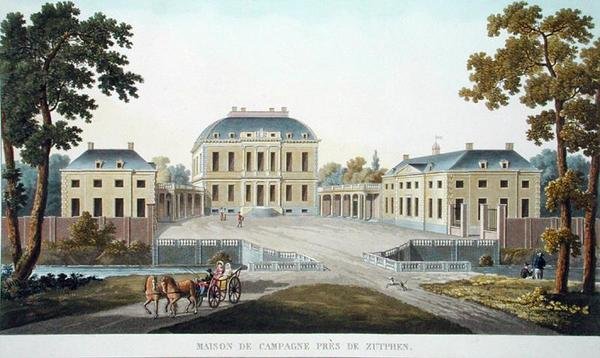 Country House perto de Zutphen, de "Choix des Monuments, Edifices et Maisons les plus remarquables du Royaume des Pays-Bas" de Pierre Jacques Goetghebuer, publicado em 1827 (aquatint) de Pierre Jacques Goetghebuer