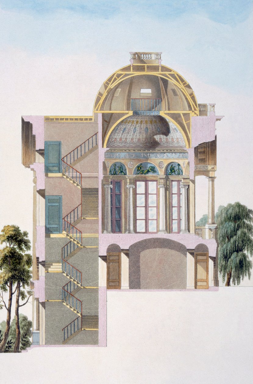 Secção transversal do Pavilhão de Hingene, perto de Antuérpia, de "Escolha dos Monumentos, Edifícios Notáveis e Casas do Reino dos Países Baixos" por Pierre Jacques Goetghebuer, publicado em 1827 (colo de Pierre Jacques Goetghebuer