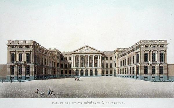 Palace of the Estates General, Bruxelas, de "Choix des Monuments, Edifices et Maisons les plus remarquables du Royaume des Pays-Bas" de Pierre Jacques Goetghebuer, publicado em 1827 (aquatint) de Pierre Jacques Goetghebuer