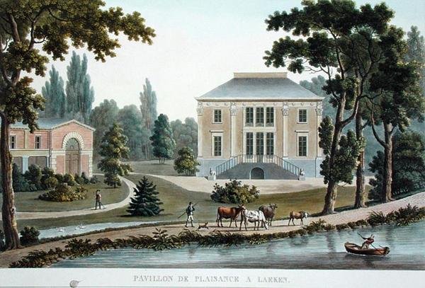 Pavillon de Plaisance at Laeken, de "Choix des Monuments, Edifices et Maisons les plus remarquables du Royaume des Pays-Bas" de Pierre Jacques Goetghebuer, publicado em 1827 (aquatint) de Pierre Jacques Goetghebuer