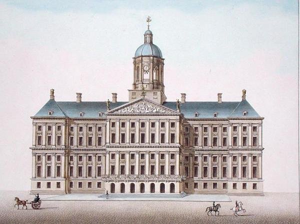 Palácio Real de Amesterdão, de "Choix des Monuments, Edifices et Maisons les plus remarquables du Royaume des Pays-Bas" de Pierre Jacques Goetghebuer, publicado em 1827 (aquatint) de Pierre Jacques Goetghebuer