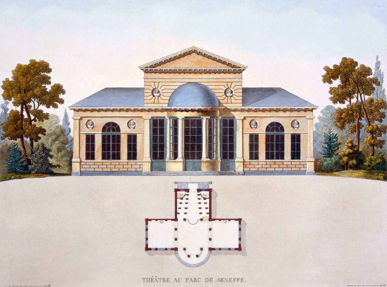 Teatro do Castelo de Seneffe, da "Escolha dos Monumentos, Edifícios Notáveis e Casas do Reino dos Países Baixos", publicado em 1827 de Pierre Jacques Goetghebuer