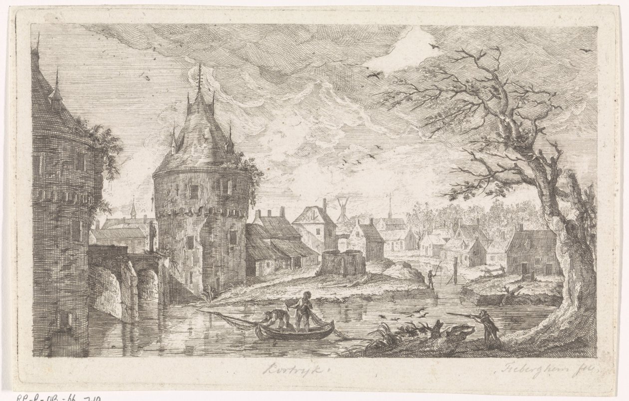 Vista da vila com pescadores de Pierre Joseph Jacques Tiberghien