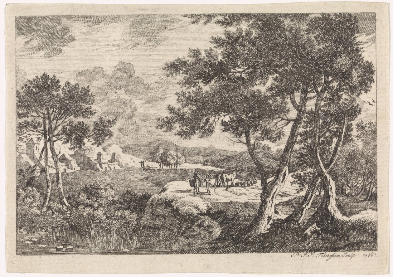 Paisagem com árvores em primeiro plano de Pierre Joseph Jacques Tiberghien