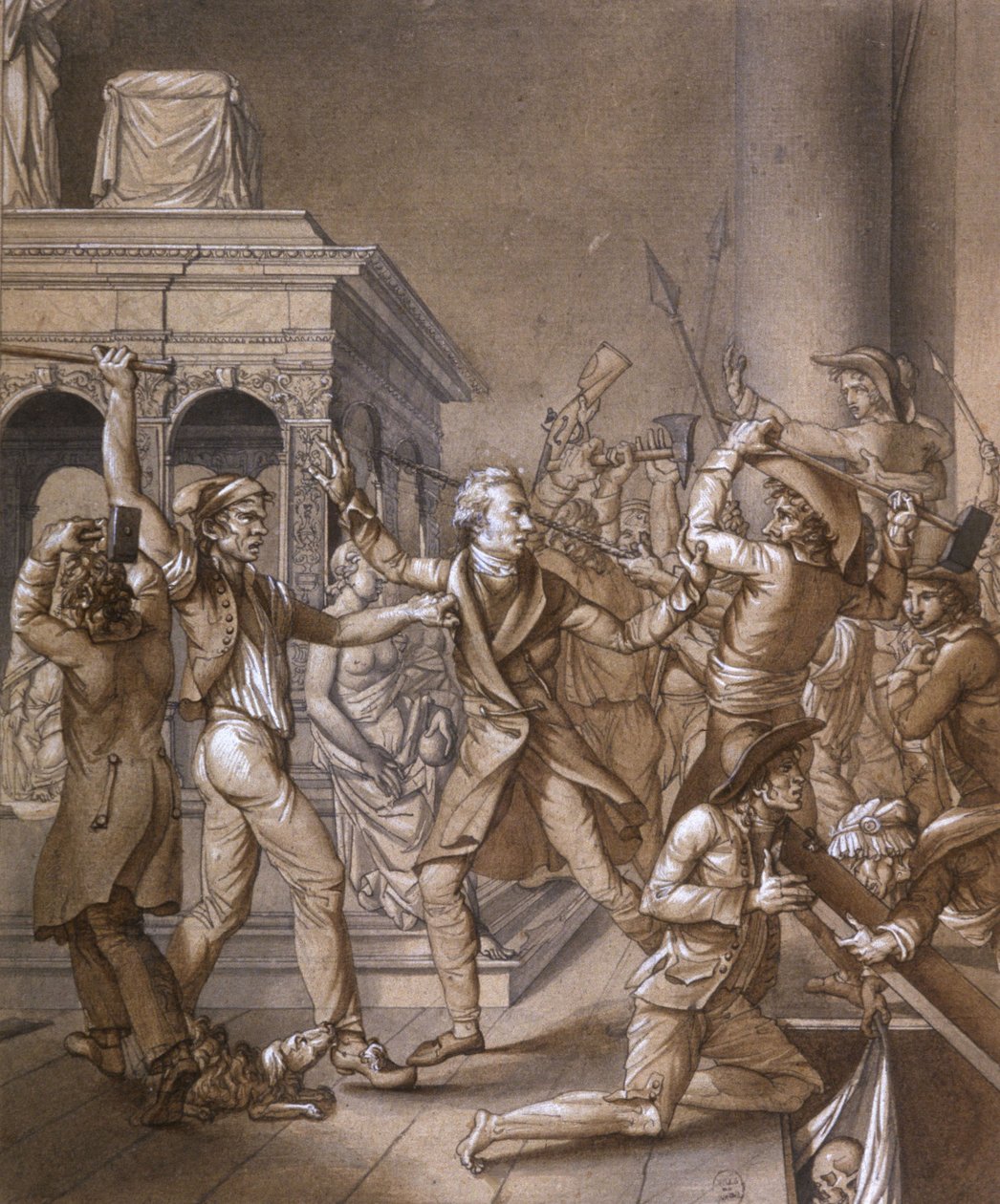 Alexandre Lenoir opõe-se aos revolucionários quando querem destruir a sepultura do rei francês Luís XII na basílica real de Saint Denis, em 1793, na época da revolução francesa de Pierre Joseph Lafontaine